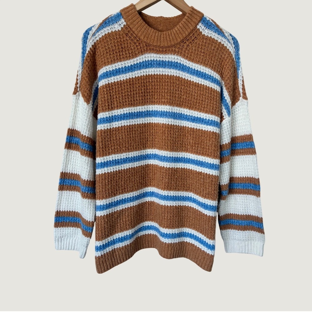American Eagle Striped Waffle Knit Sweater Brown Blue White Womens XS Oversized